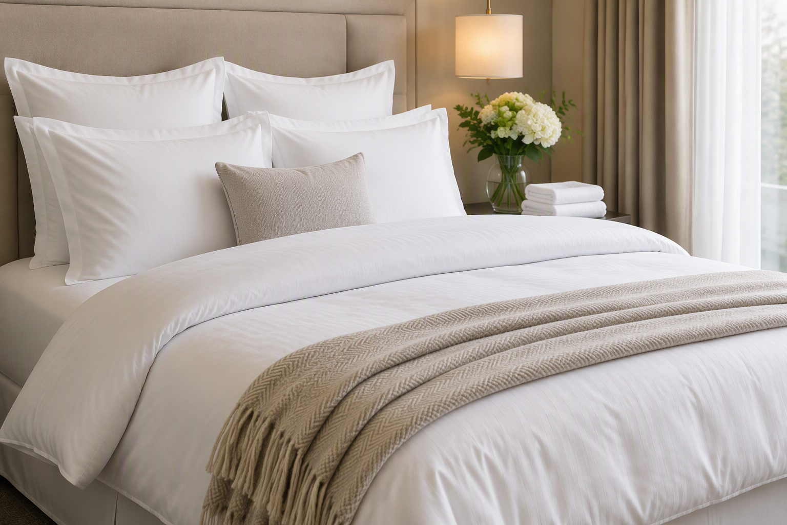 A neatly made bed with white linens, six pillows, a beige throw blanket, a bedside table with a vase of white flowers, folded white towels, a lamp, beige curtains, and a window in the background.