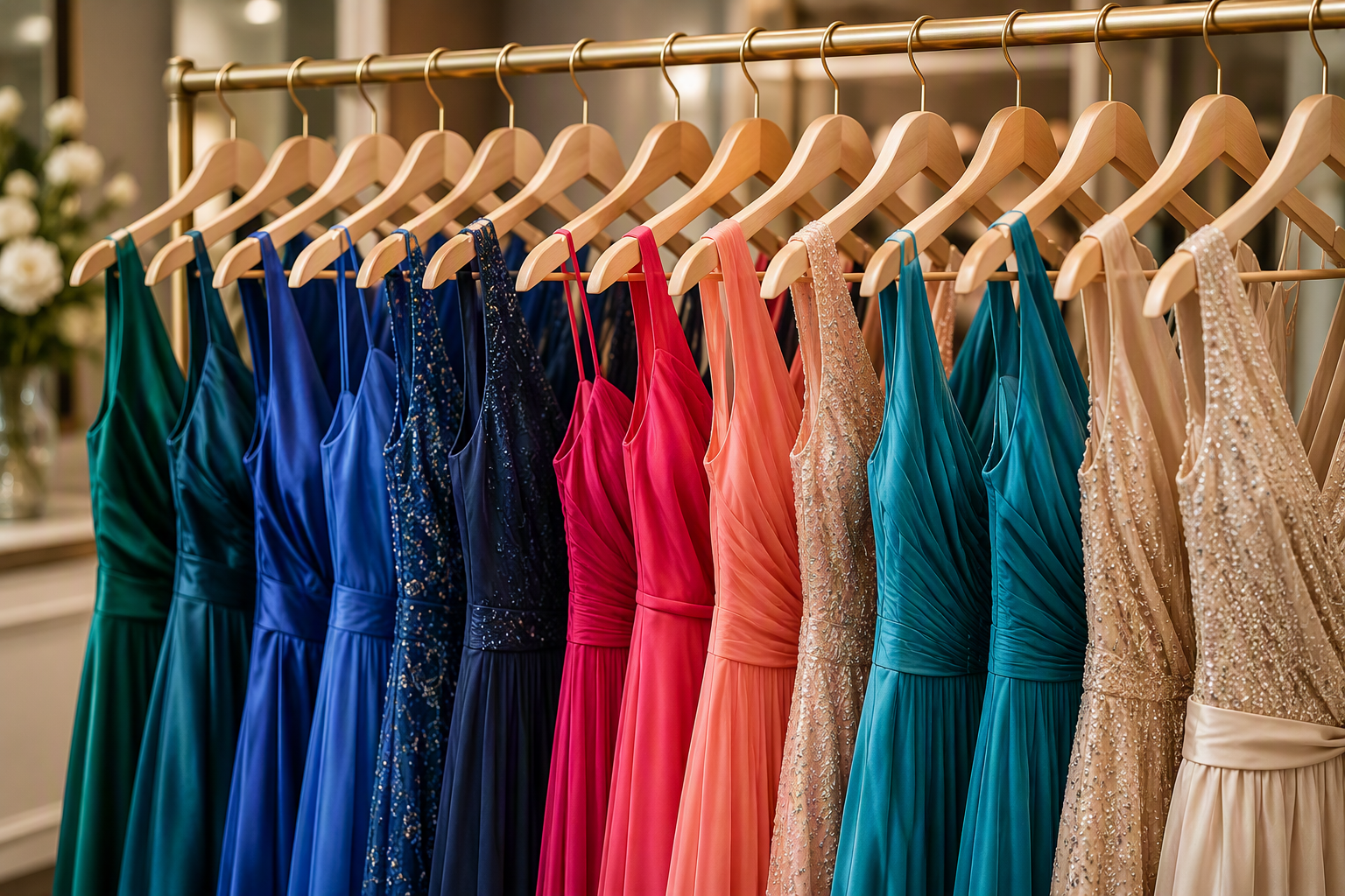 Collection of colorful evening dresses on hangers in shades of green, blue, pink, peach, and beige, some with sequins and ruching, displayed on a clothing rack.