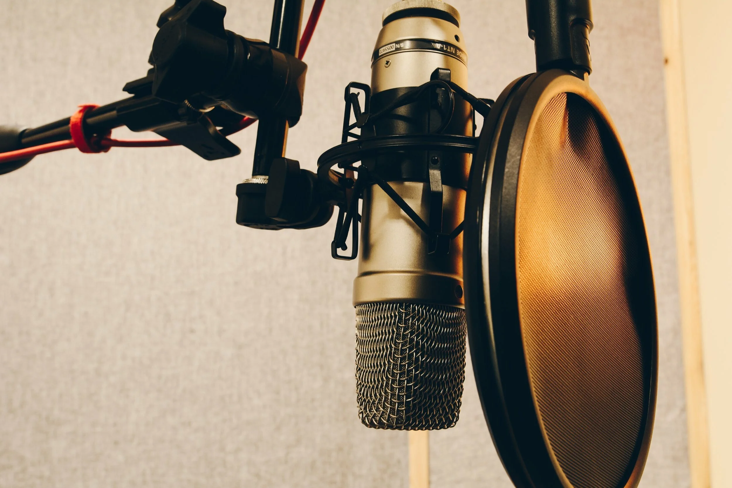 A professional recording microphone with a pop filter in a studio setting.