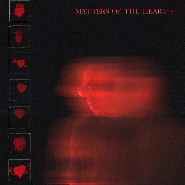 Album cover art for "Matters of the Heart ++" featuring a distorted red-tinted profile image of a person's face against a dark background with a vertical row of seven icons on the left, including a heart, robot face, fish, heart with a whisker, plain