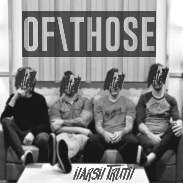 Four people sitting on a couch with bookbooks covering their faces, in front of a large sign that reads "OF THOSE."