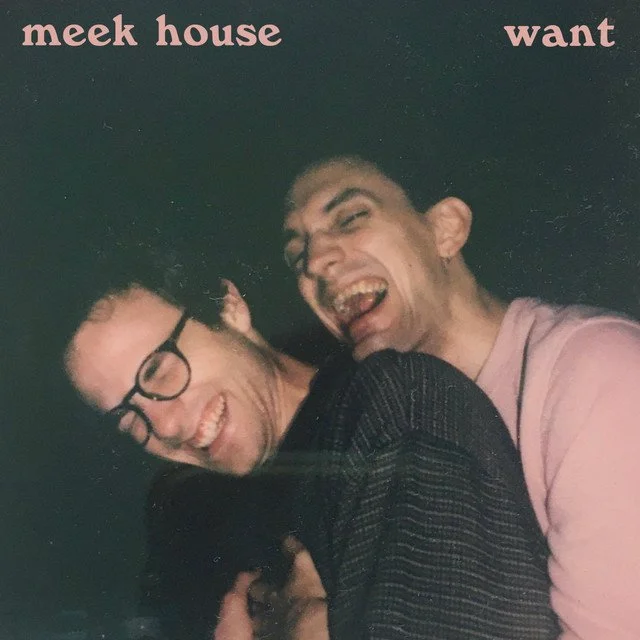 Two young men are smiling and laughing, with one wearing glasses and a dark striped shirt, and the other with short hair and a pink shirt. The text on the image says 'meek house want' in pink letters.