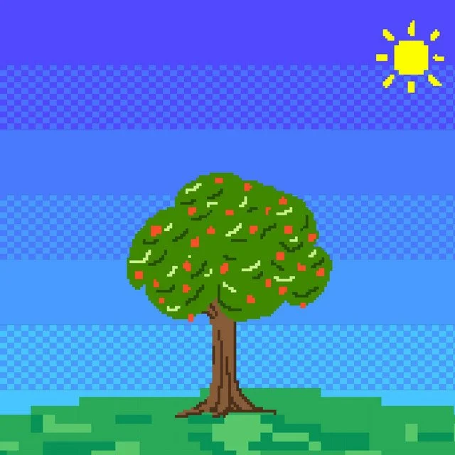 Pixel art depiction of a green tree with red and white fruit, under a bright yellow sun in a blue sky.