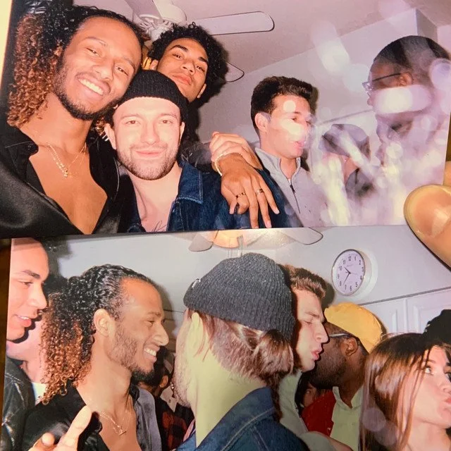 Collage of two photos showing diverse groups of friends at a party, smiling and socializing indoors.