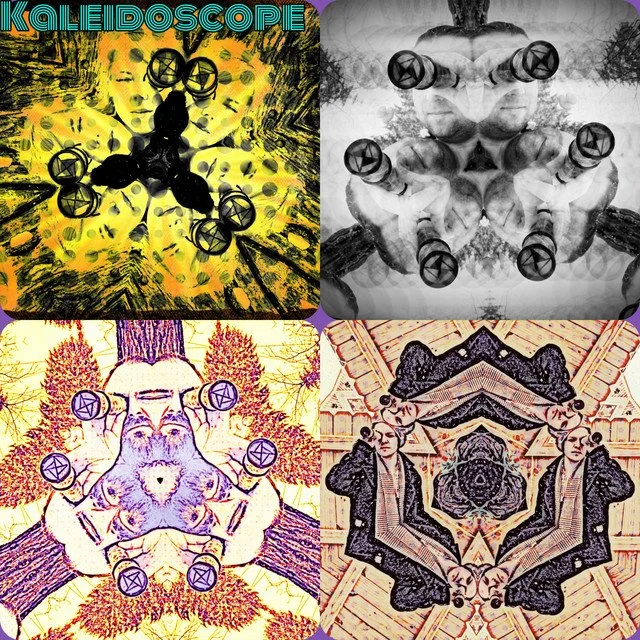 A collage of four kaleidoscopic images with psychedelic and surreal effects. Top left features a woman with long hair and the word 'Kaleidoscope' in neon blue. Top right displays a mirrored person with multiple lenses or cameras around their head in