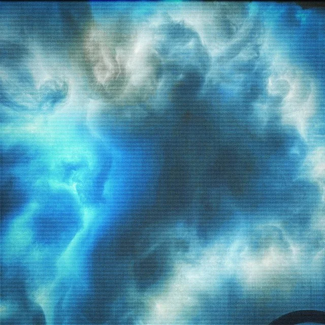Abstract blue and gray swirling smoke or clouds with a lightning bolt on the left side.
