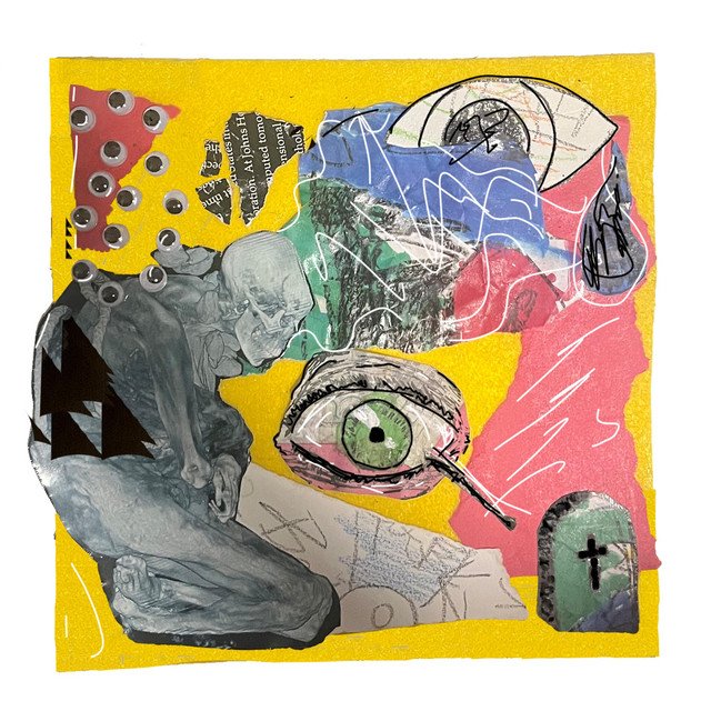 A collage artwork featuring various elements including eyeballs, human figures, text snippets, abstract shapes, and vibrant colors like yellow, pink, and blue, creating an abstract and surreal composition.