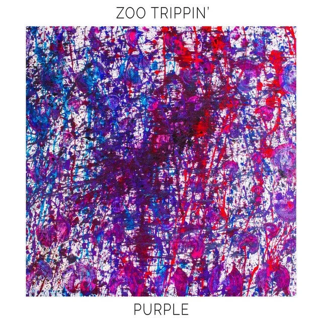 Abstract colorful splatter painting with shades of purple, pink, blue, red, and white, titled 'Zoo Trippin'.