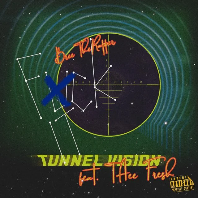 A stylized graphic featuring a star map, celestial lines, and constellations with neon text reading 'Bruce The Ripper' and 'feat. Alee Fresh'. The background depicts a starry space scene with green, blue, and yellow accents, and the text 'Tunnel Visi