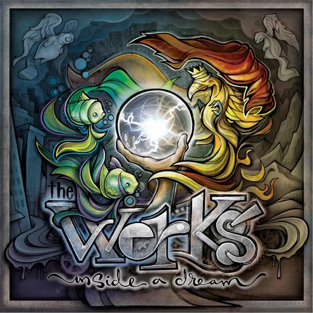 Graffiti-style artwork featuring a mythical fish and a dragon around a glowing orb, with the words "the veeks" and "inside a dream".