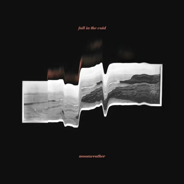Abstract black and white artwork with distorted landscape imagery and text that reads 'fall in the void' and 'moonsuweather'.