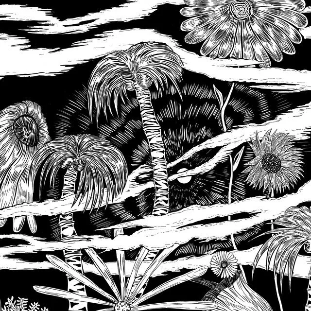 Black and white illustration of tropical plants, including palm trees and flowers, with a cloudy sky in the background.