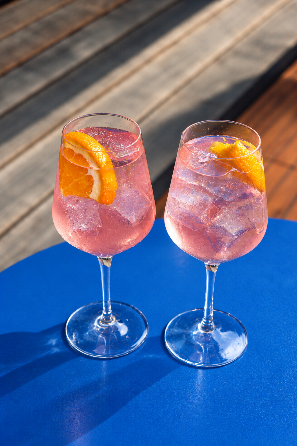Two pink Sorta Rosa spritzes with orange slices on a blue table in the sun on the Good Heavens rooftop