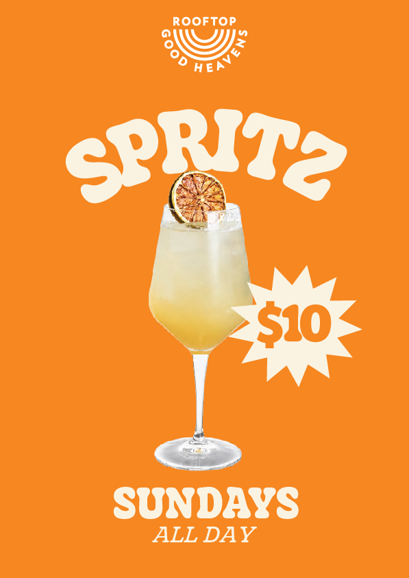 A promotional poster with a bright orange background advertising Spritz Sundays, featuring an illustration of a red spritz cocktail with a lemon slice garnish. The text indicates that the drink costs $10 every Sunday.