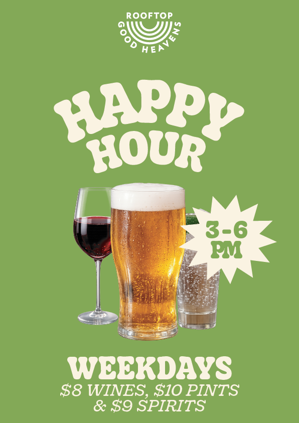 A promotional sign for a happy hour at a bar, featuring illustrations of three drinks: a glass of red wine with an orange slice, a tall glass with a pink drink and lemon wedge, and a short glass with a pink drink. The sign states that happy hour offers include wines for $8, pints for $10, and spirits for $9, available weekdays from 3 to 6 PM.