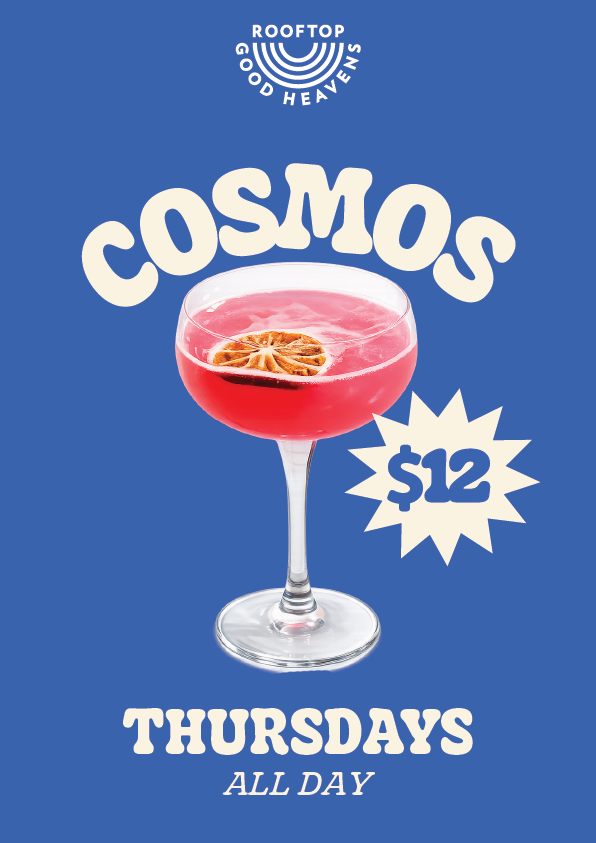 Promotional poster for a drink special titled '12 Buck Cosmo' with a margarita glass with a lemon wedge, priced at $12 every Thursday.