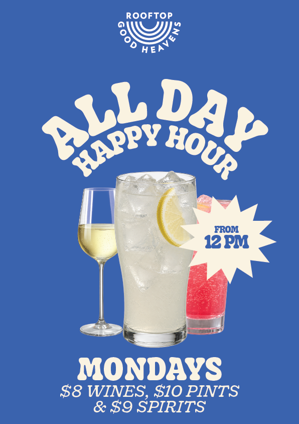 A sign advertising all-day happy hour every Monday with illustrations of various drinks including a glass of red wine, a glass of white wine, a pint of beer, and a soda in a tall glass with ice and a straw.