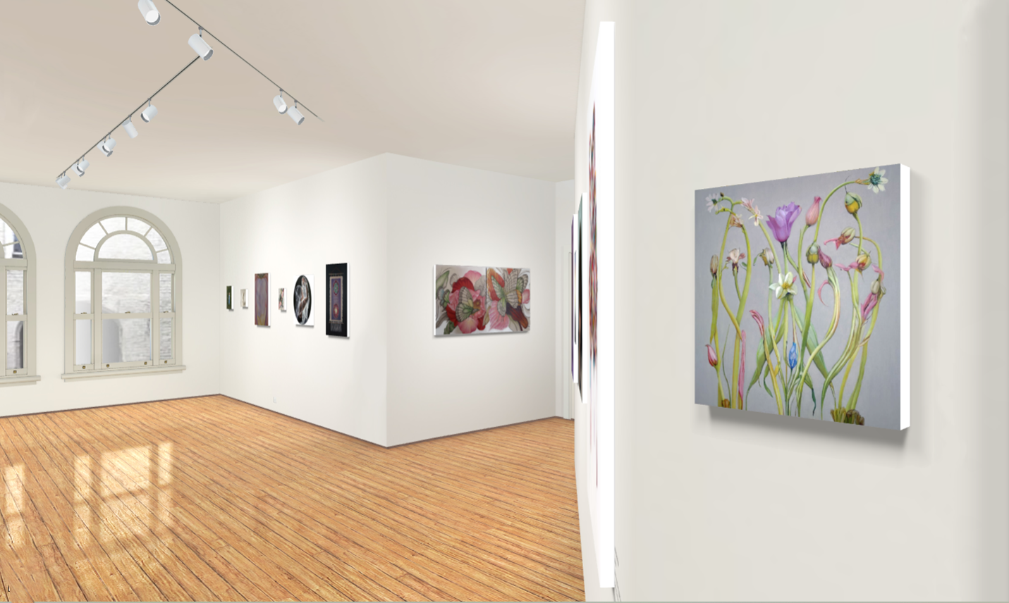 Gallery installation view from the Emergence exhibition featuring Colleen Hoffenbacker’s floral artwork, blending classical botanical motifs with AI-enhanced methods.