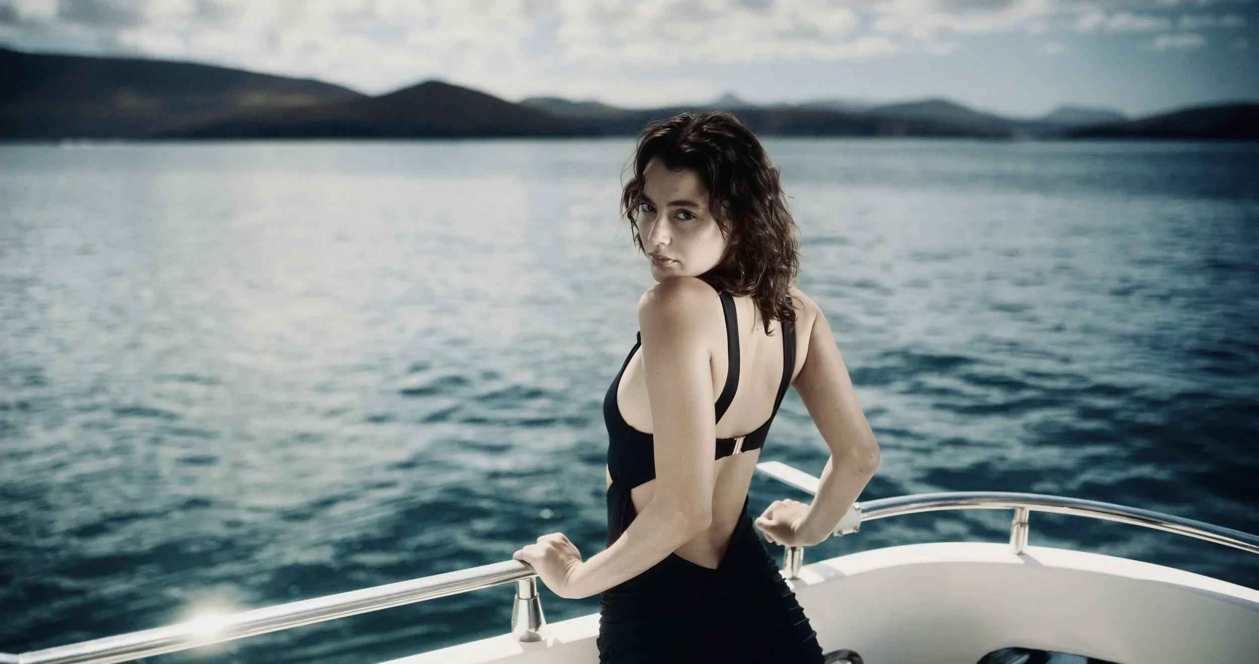 A woman with short dark curly hair in a black dress on a boat with water and mountains in the background.
