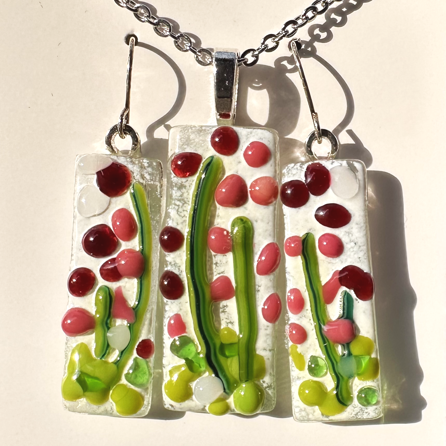 Jewelry (Pendent $16, Earrings $22, Set $34) Est. 1hr
Create your own custom fused glass Jewelry., or key chains. Check out the many designs in the studio and incorporate a technique you love. Jewelry is finished with Sterling Silver plated hooks.