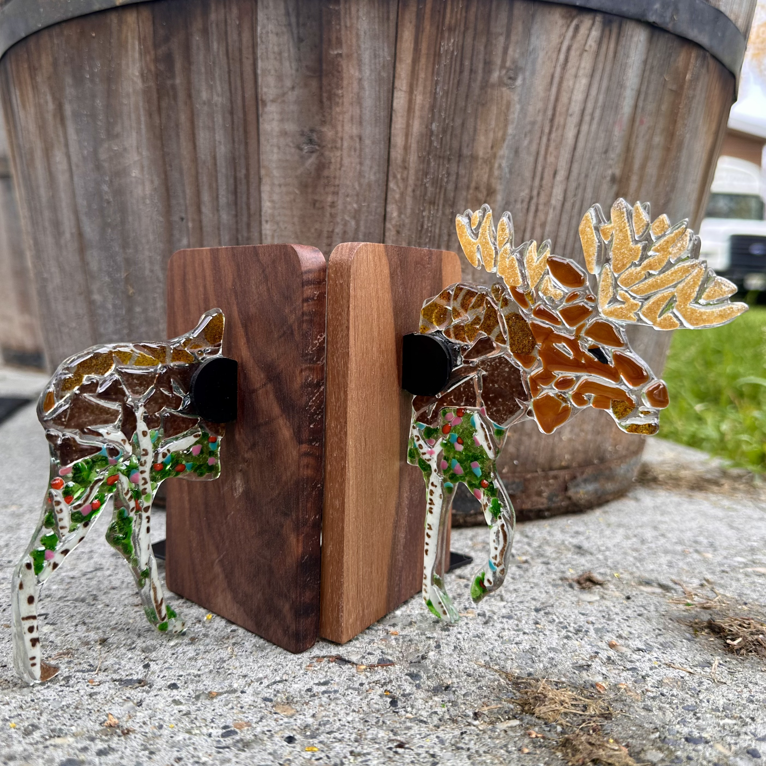 Bookends ($73-$84) Est 2hrs
Fused Glass Bookends, Choose from a Moose, Bear, Fox, Wolf, Owl, Raven, Frog, Muskox and Salmon. You’ll learn to cut and nip glass, use glass paints, paper glass, glass powders and bubbles to create your design. Decorate y
