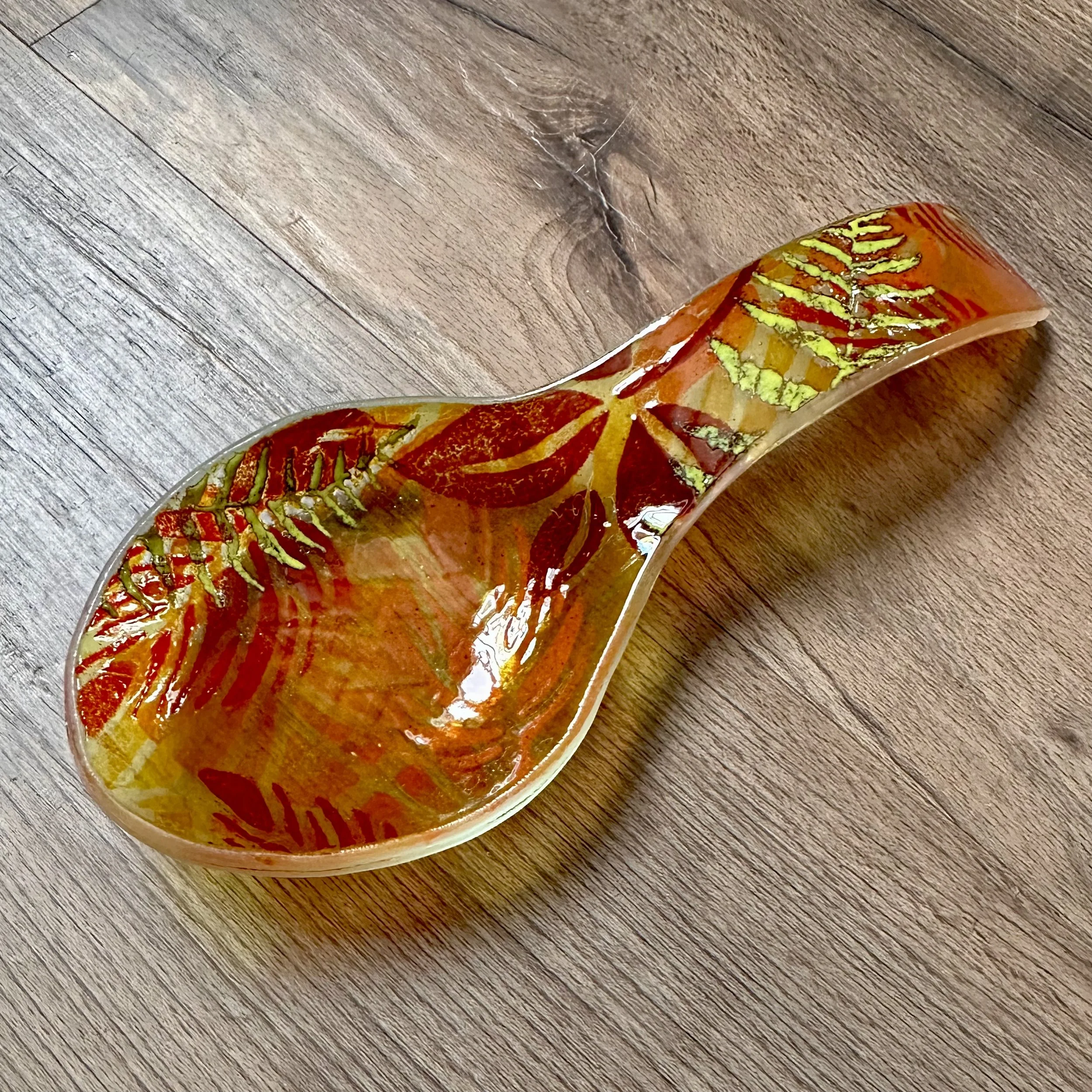 Spoon Rest ($54) 2 hours
The design possibilities are endless on this sweet spoon rest.  Here’s a couple of examples… Choose to sift glass powders between two layers of glass and add mosaic designs on top or mosaic the entire piece. Either way you ca