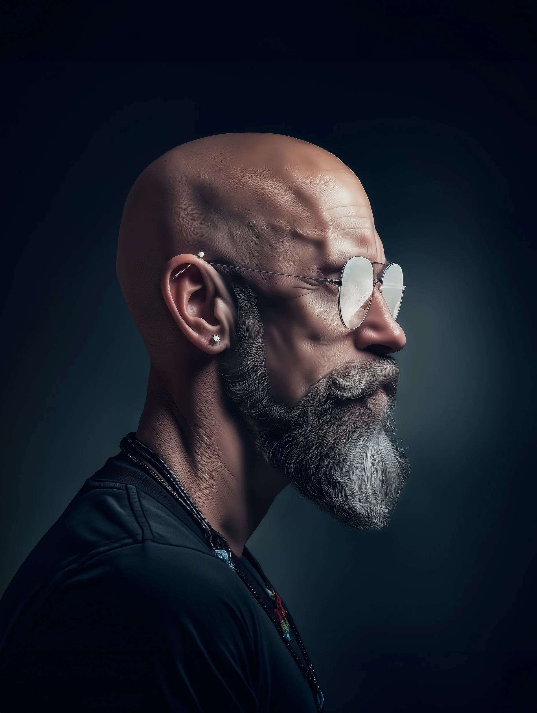 Profile of a bald man with glasses, a beard, and earrings, wearing a black shirt against a dark background.