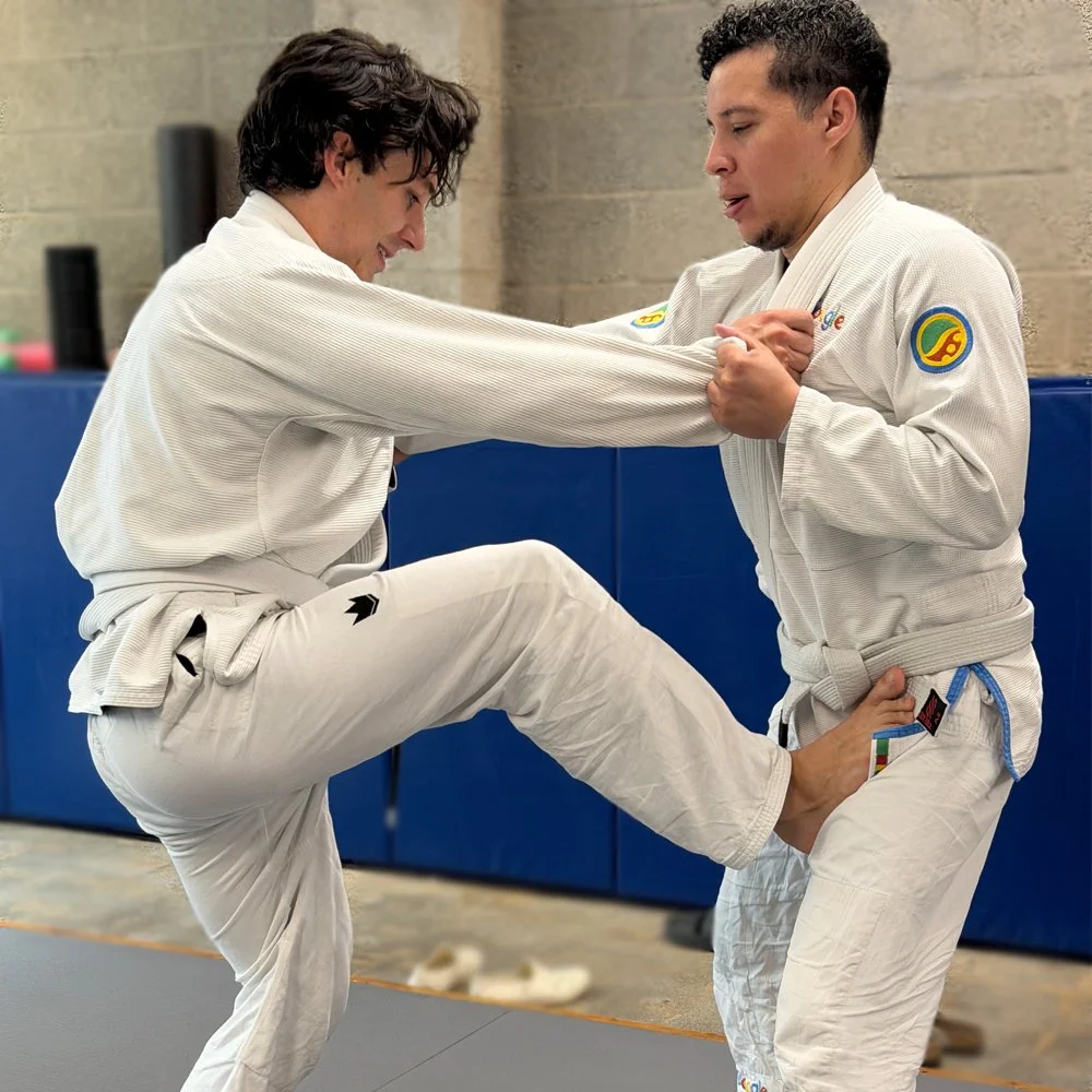 Two men practicing Brazilian Jiu-Jitsu wearing white gis, with one delivering a knee strike to the other's groin area during training on a blue mat.