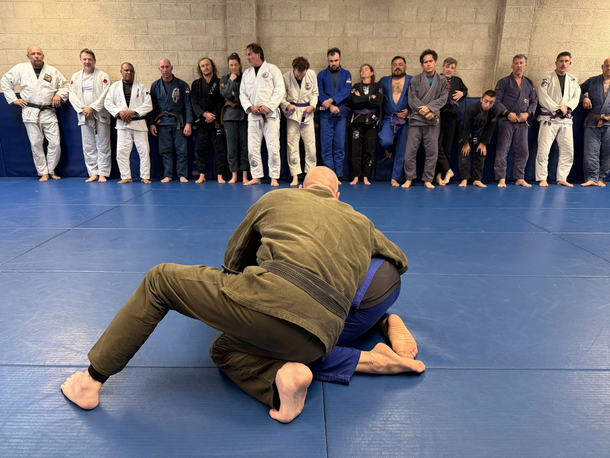 Two individuals practicing Brazilian Jiu-Jitsu on a blue mat; one in a brown gi and the other in a blue gi, engaged in grappling while a group of people in gis watch in the background.