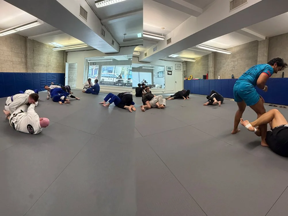 Martial arts class with students practicing Brazilian Jiu-Jitsu on a gray padded mat, some executing ground techniques and grappling, in an indoor training facility.