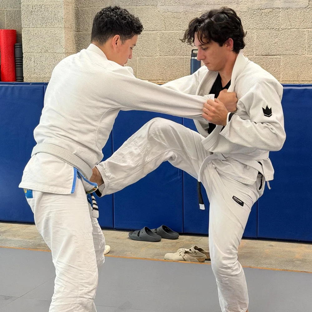 Two men practicing judo, with one executing a throw on the other in a dojo. Both are wearing white judogis.