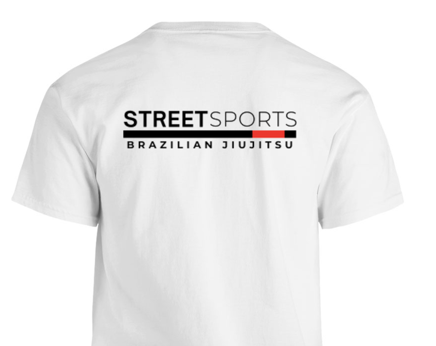 Back of a white T-shirt featuring the logo 'STREET SPORTS Brazilian Jiu Jitsu' with black and red design elements