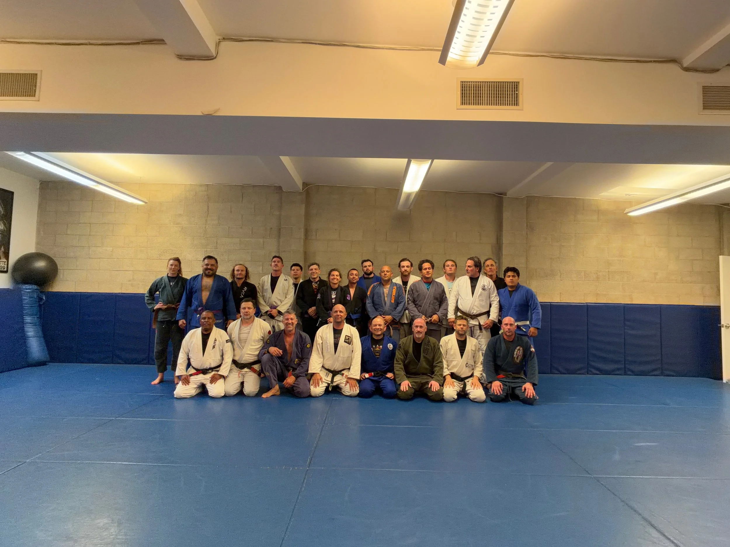 A group of jiu-jitsu students of varying levels in a beginner friendly jiu-jitsu class.