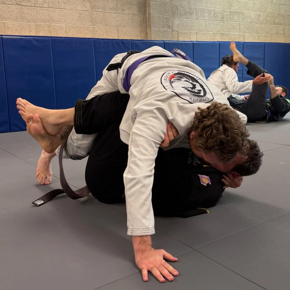 Two people practicing Brazilian Jiu-Jitsu on a mat, with one person in a white gi attempting a mount position on the person in a black gi, who is on their back with legs wrapped around the other's waist, in a gym with blue padded walls.