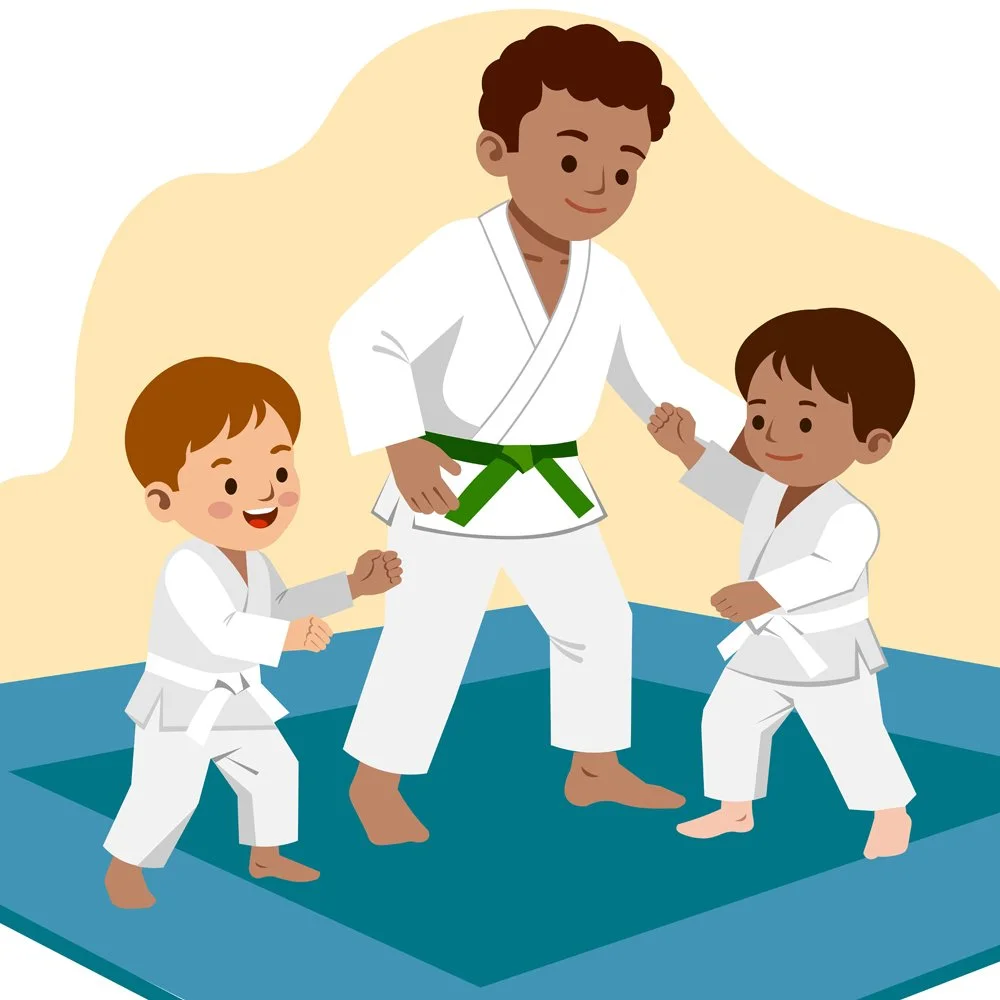 An adult male martial arts instructor with a green belt practicing with two boys in white gis on a blue mat.