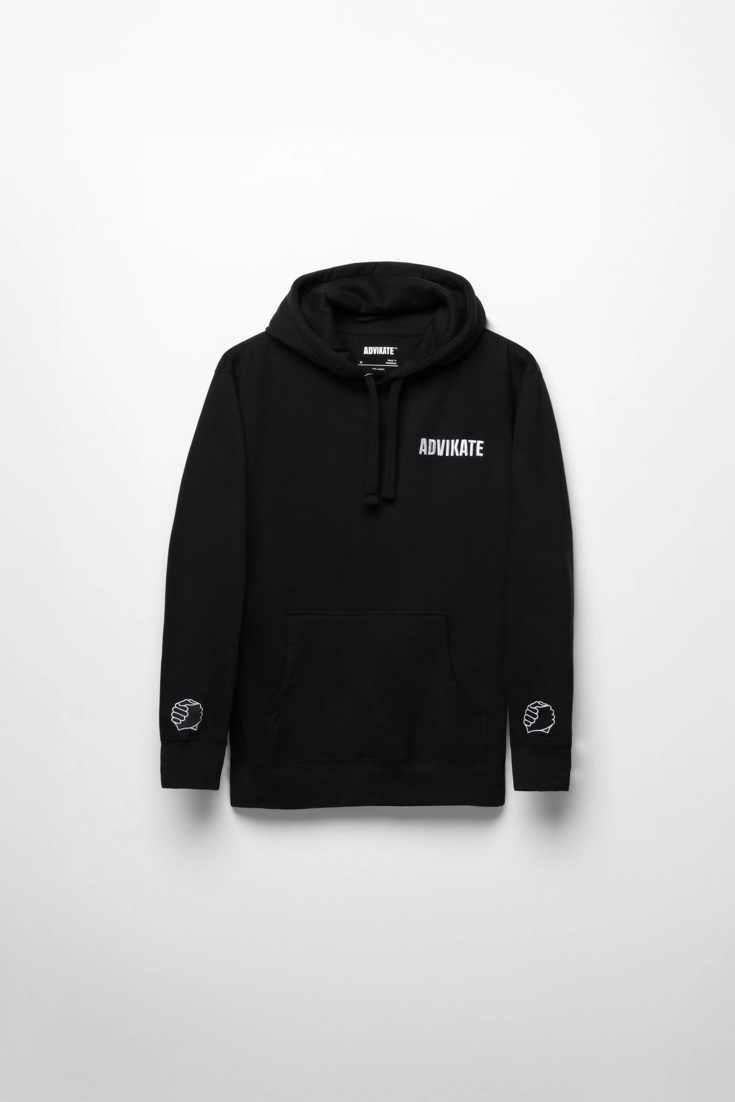 ADVIKATE Classic Hoodie Series II in Black, front flat lay, showing ADVIKATE text chest embroidery and clasped-hands logos on both sleeves.