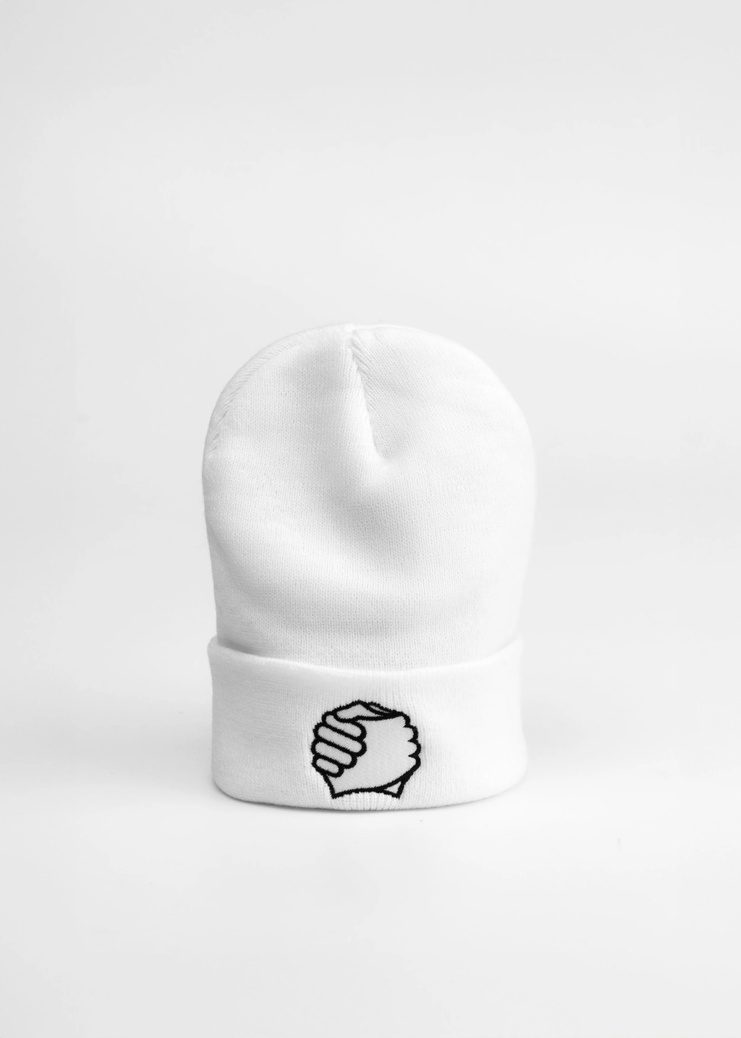 ADVIKATE Classic Beanie Series I in White, front shaped product photo, showing the beanie form and cuff embroidery.