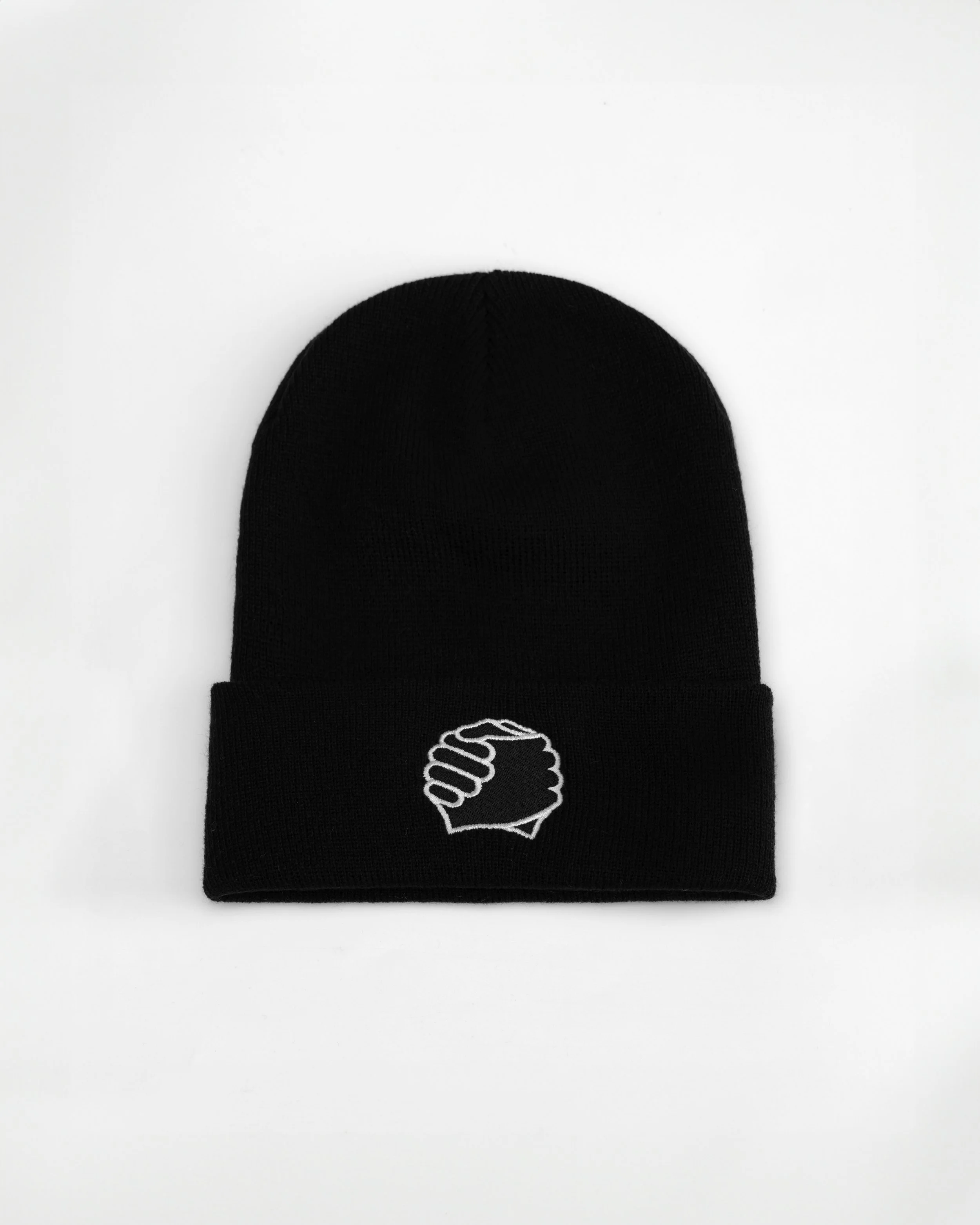 ADVIKATE Classic Beanie Series I in Black, front flat lay, showing clasped-hands embroidery on the cuff.