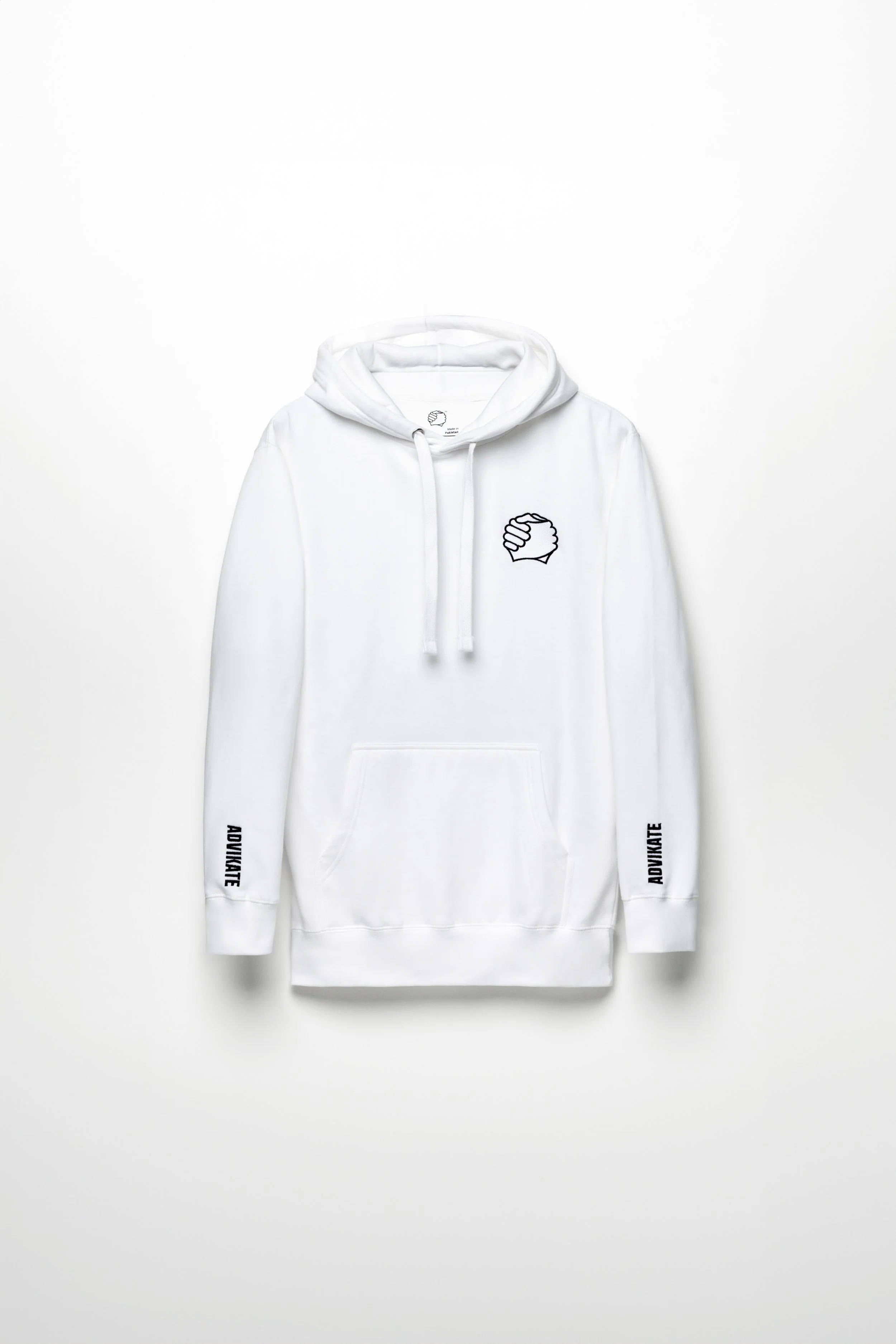 ADVIKATE Classic Hoodie Series I in White, front flat lay, showing clasped-hands chest embroidery and ADVIKATE text logos on both sleeves.