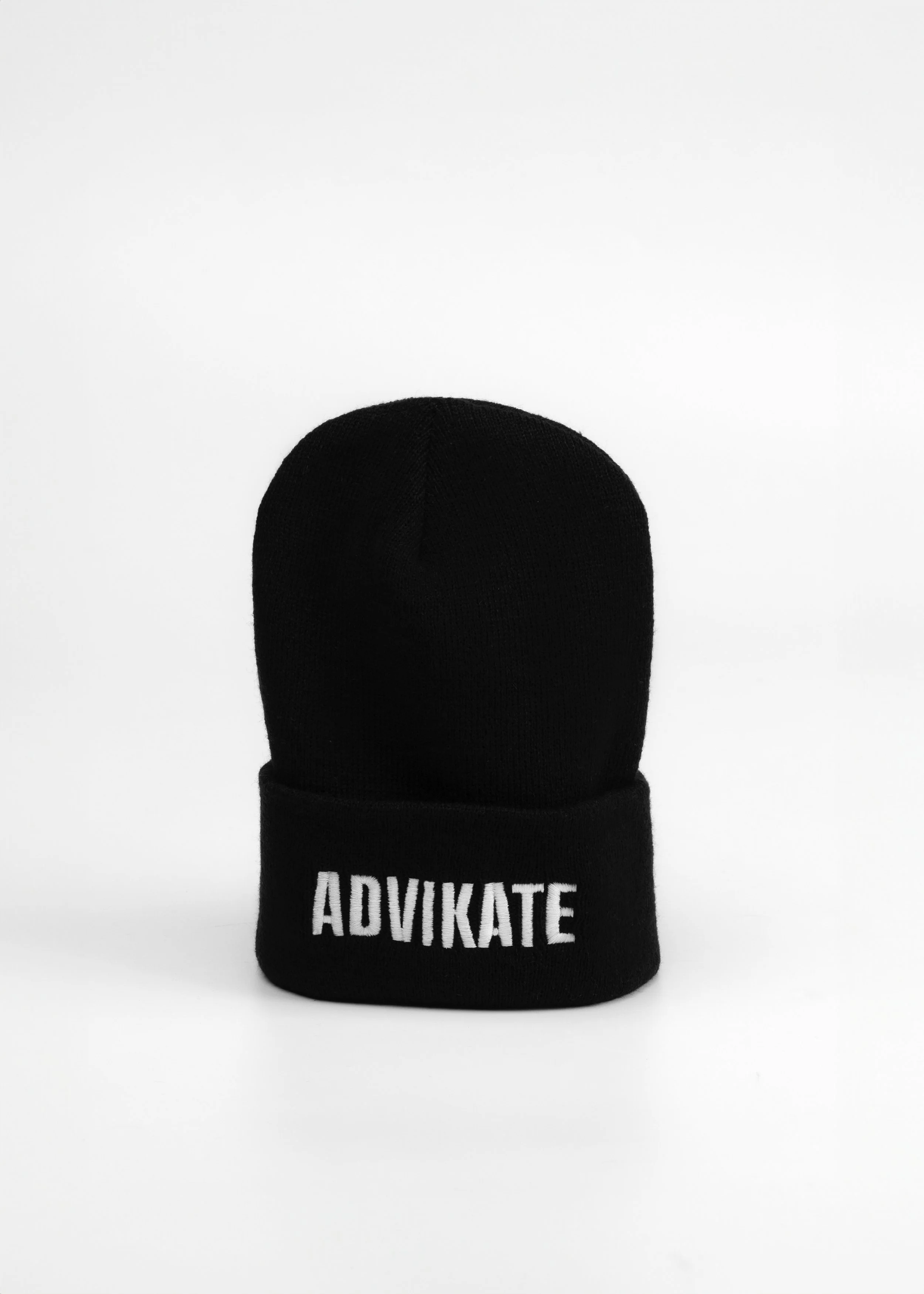 ADVIKATE Classic Beanie Series II in Black, front shaped product photo, showing the beanie form and cuff embroidery.