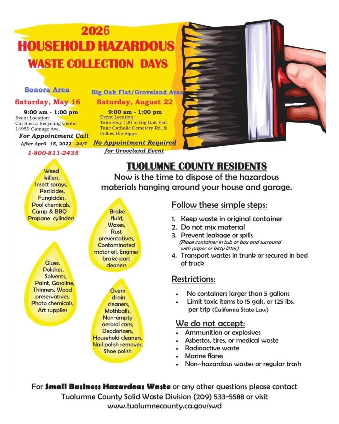 Annual Household Hazardous Waste &amp; Paint Collection Event (Groveland, CA) ♻️ On Saturday, August 22, 2026, between 9:00 AM and 1:00 PM, Tuolumne County Public Works Department, Solid Waste Division will be holding a Household Hazardous Waste and 