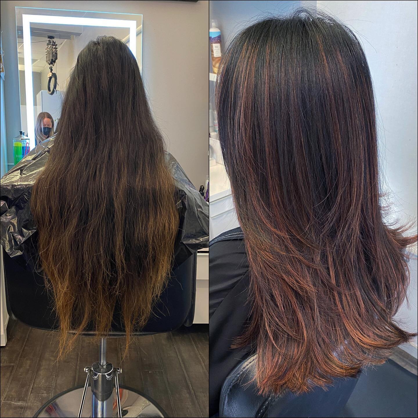 ITS FALL Y&rsquo;ALL! 🍂🍁 time for good cuts and Cherry Cola Red Wine tones. This was an all day sesh with new mom Erin. She hadn&rsquo;t had a cut since Jan 2020!!! We did a make over by cutting off almost 18 inches of hair and doing a heavy ombre 