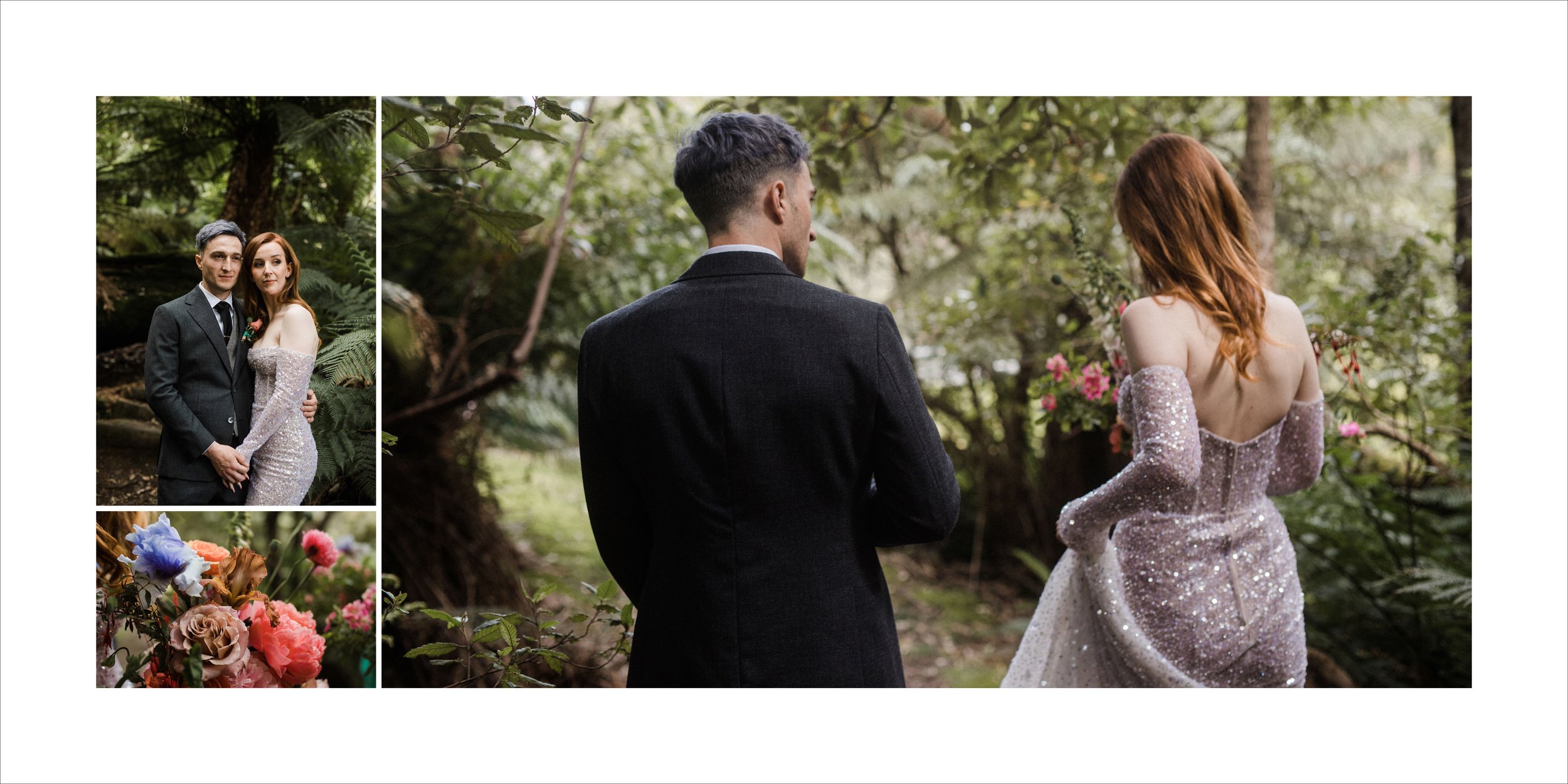 A couple in formal attire standing in a forest, with an additional photo of flowers and the woman in a sparkly dress.
