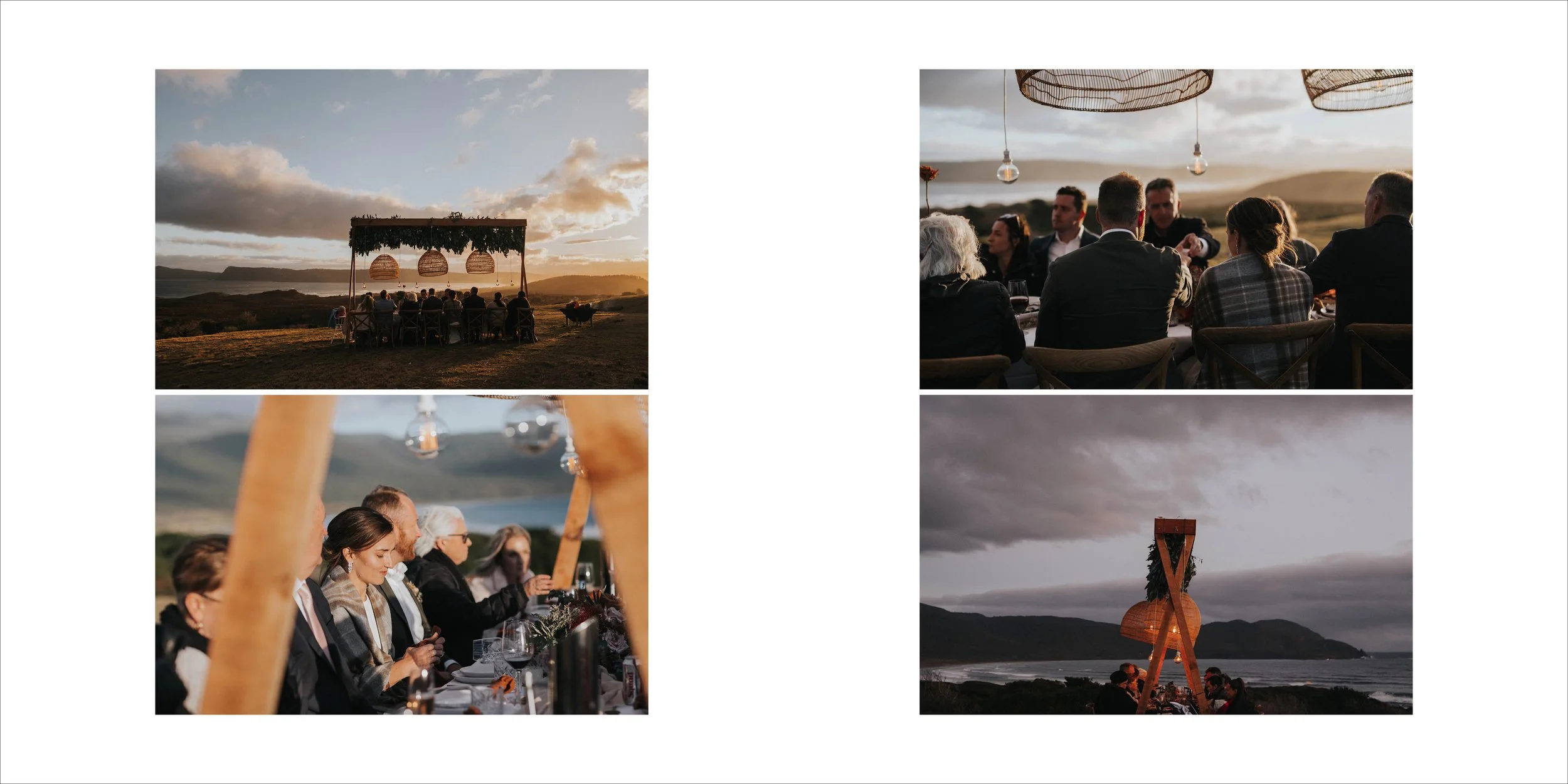 Collage of four images of an outdoor wedding celebration during sunset. The top-left shows guests seated on a grassy hill with scenic mountains and cloudy sky in the background. The top-right depicts guests sitting at a dinner table under woven light