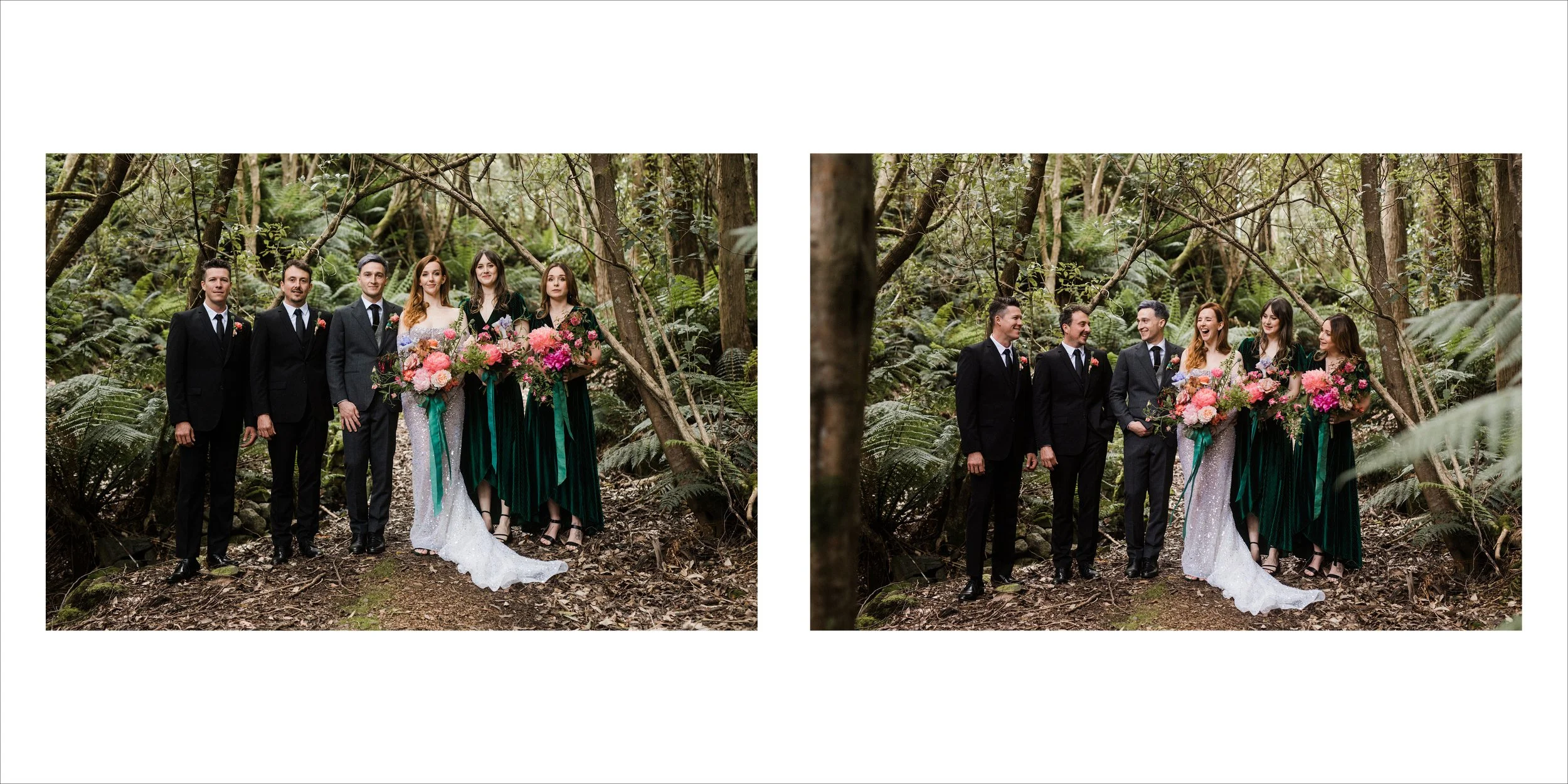 Group wedding photos of six people in a forest, with the bride and three bridesmaids holding large pink and purple flower bouquets, and three groomsmen dressed in black suits and ties.