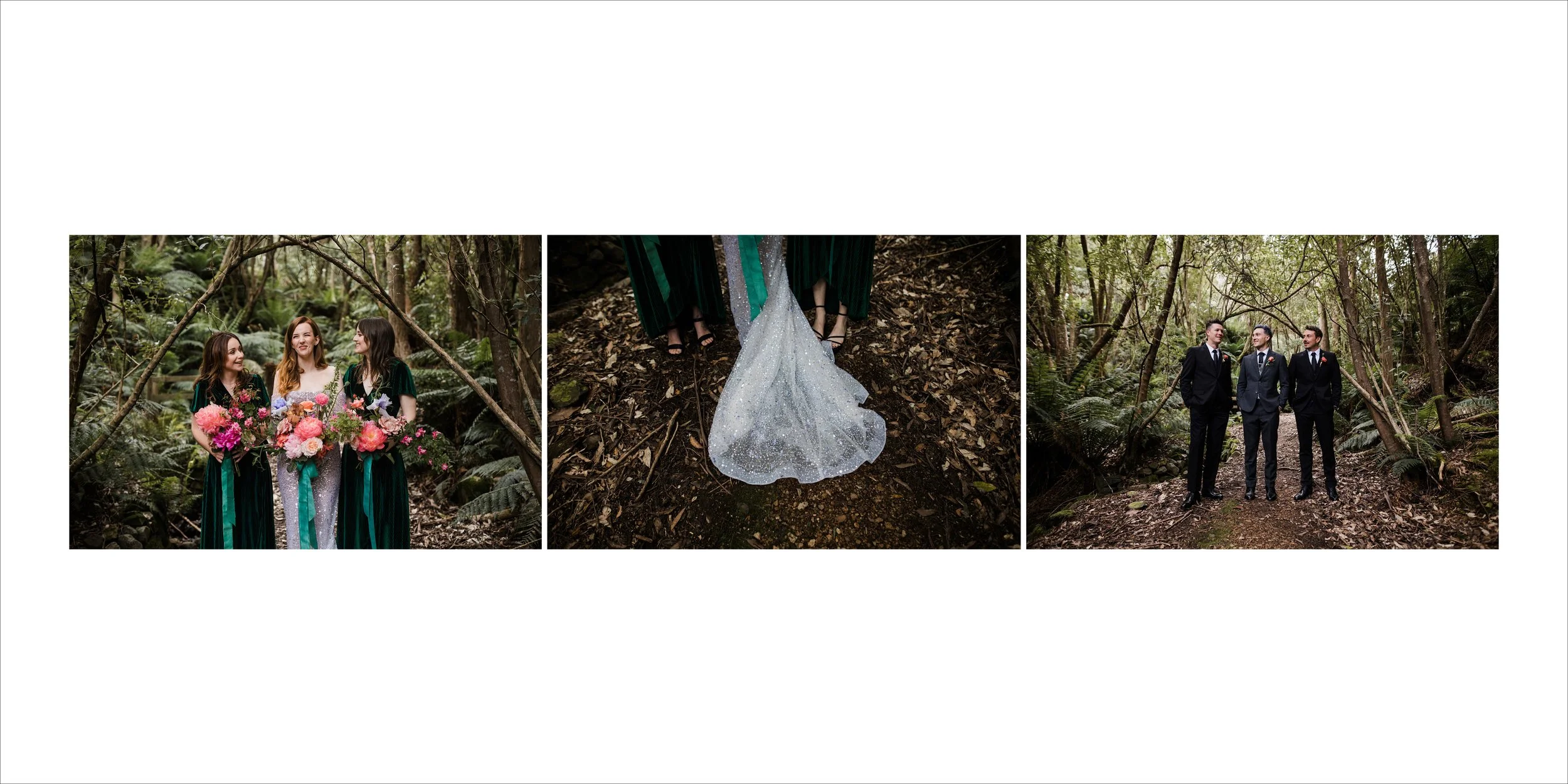 Triptych of three wedding photos taken outdoors in a forest. The first photo features three women in dark green velvet dresses holding bouquets, standing in front of trees. The second photo shows a close-up of the ground with the train of a wedding d
