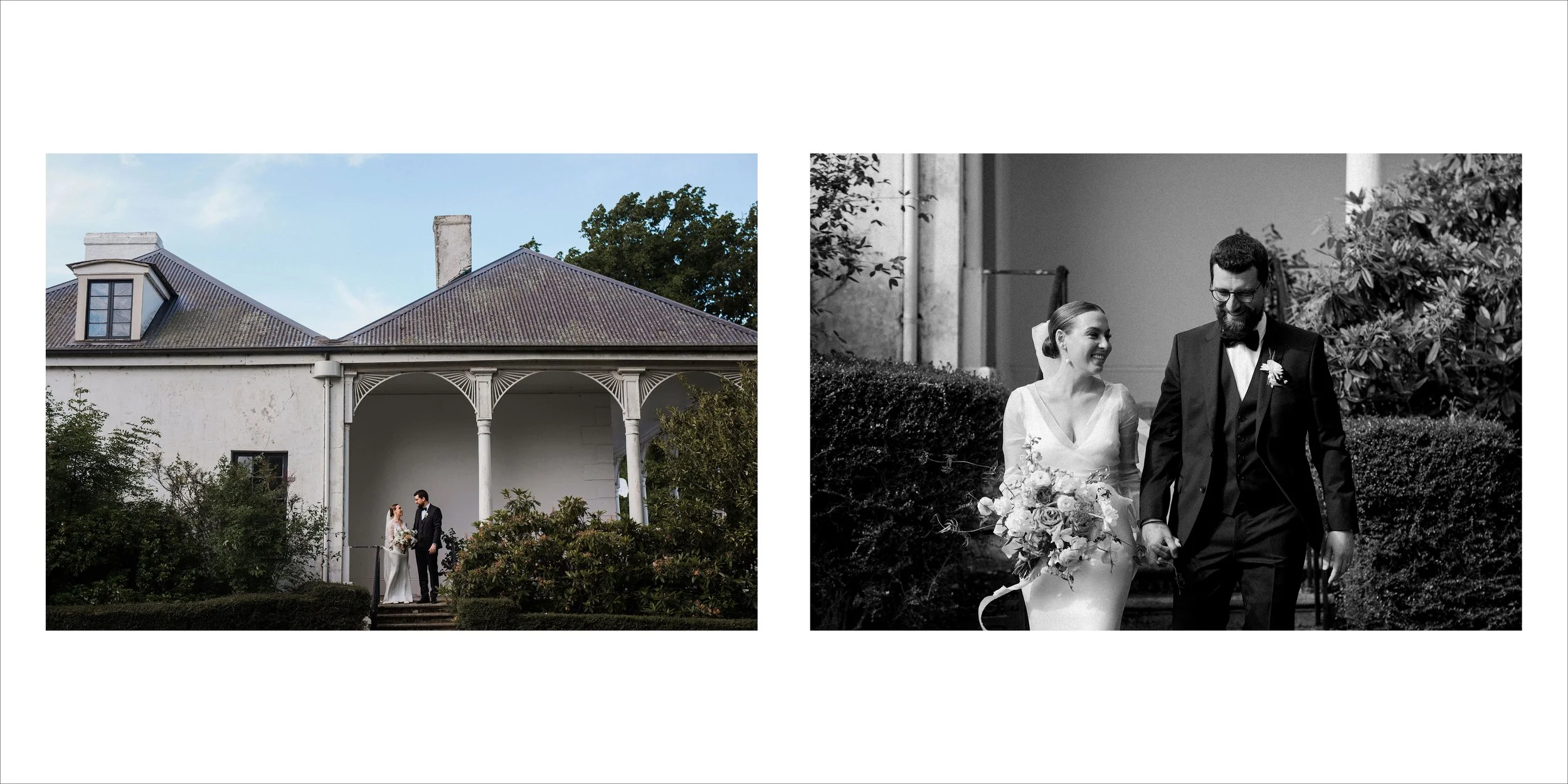 Left: a bride and groom standing in front of a large house with a porch and garden, holding hands and facing each other. Right: a bride and groom walking outdoors, holding hands, smiling at each other; black and white image.