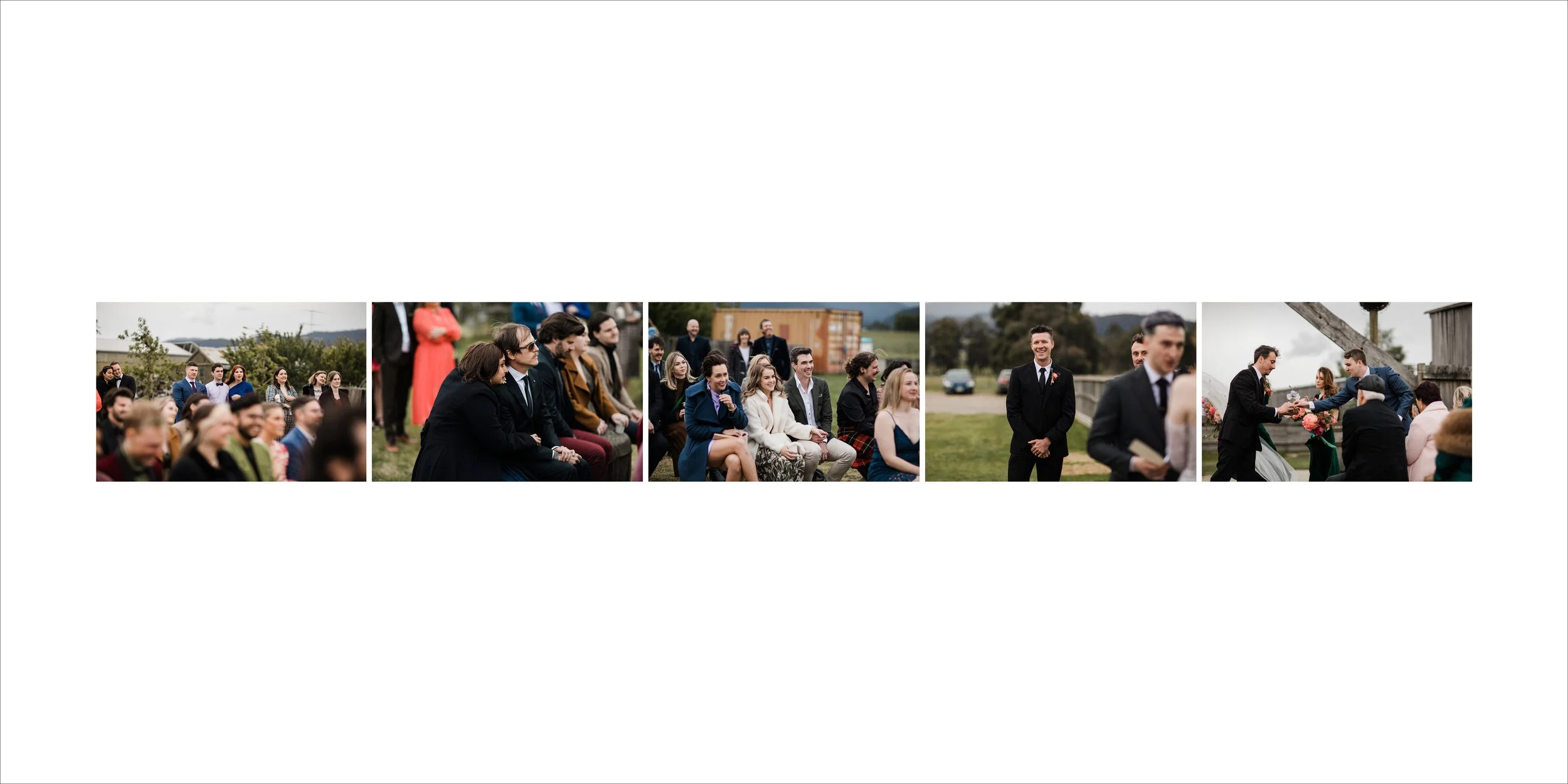 Sequence of images from a wedding ceremony, showing the guests, the officiant, and the couple exchanging rings outdoors.
