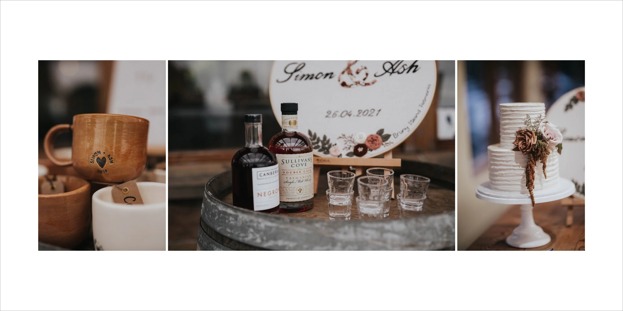 Three sections of a wedding or celebration setup: left section has wooden cups with a heart and the words 'Sason Ash'; middle section shows bottles of liquor, glasses, and a decorative sign with the names 'Gamon & Ash' and the date '26.04.2021'; righ