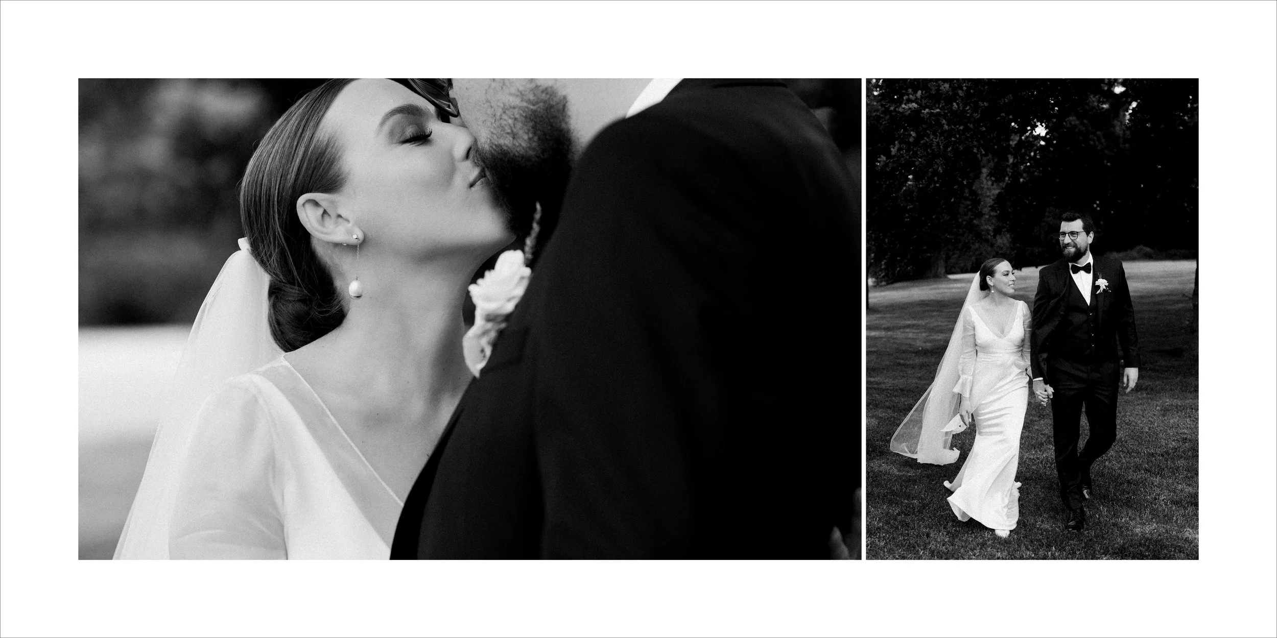 A black and white photo collage of a bride and groom on their wedding day. The left side shows a close-up of the bride and groom with their faces close together, puckering their lips. The right side shows the bride and groom walking hand in hand outd